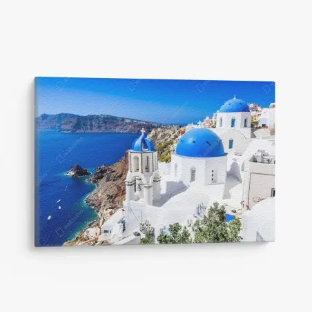 Cuadro en lienzo amanecer en Santorini: cúpulas azules sobre el mar – Pixers®