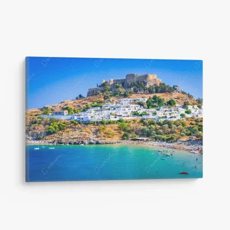 Cuadro en lienzo Lindos, Grecia: acantilado de casas blancas y Acrópolis – Pixers®