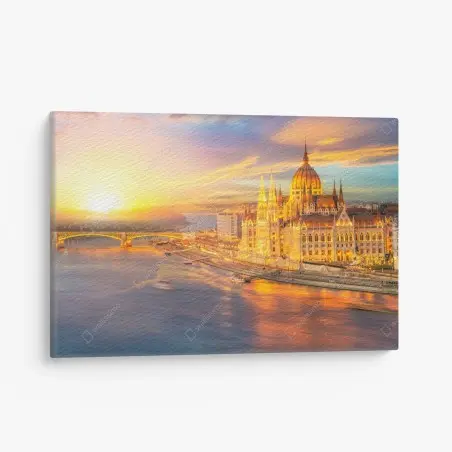 Cuadro en lienzo amanecer dorado sobre el parlamento de Hungría en Budapest – Pixers®