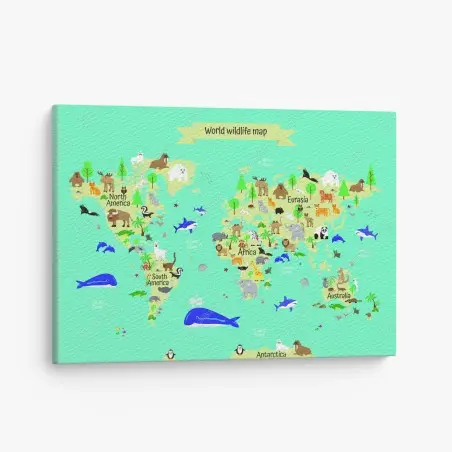 Cuadro en lienzo mapa mundial de fauna en estilo ilustrado – Pixers®