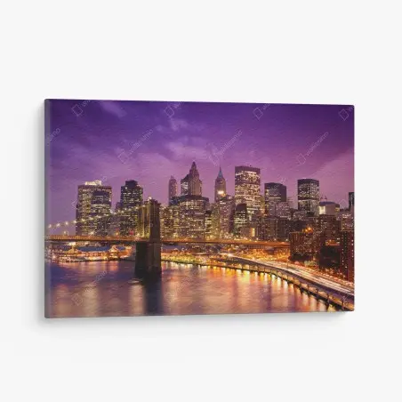 Cuadro en lienzo panorámica nocturna de Nueva York con puente iluminado – Pixers®