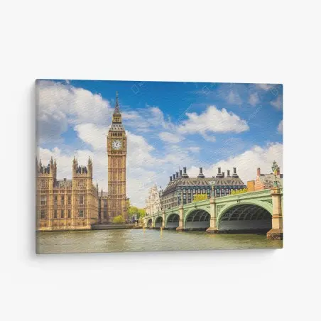 Cuadro en lienzo panorama urbano de Londres con Big Ben y puente de Westminster – Pixers®