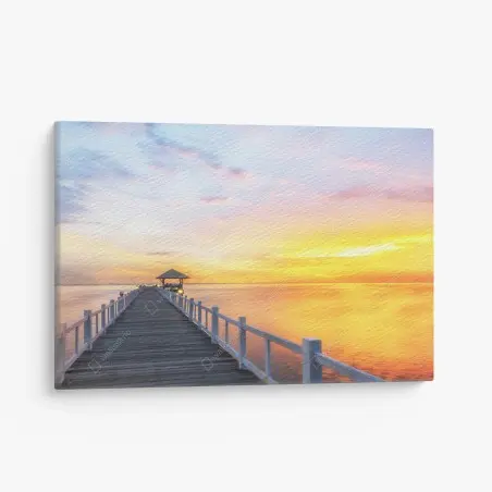 Cuadro en lienzo muelle al amanecer con luz dorada – Pixers®