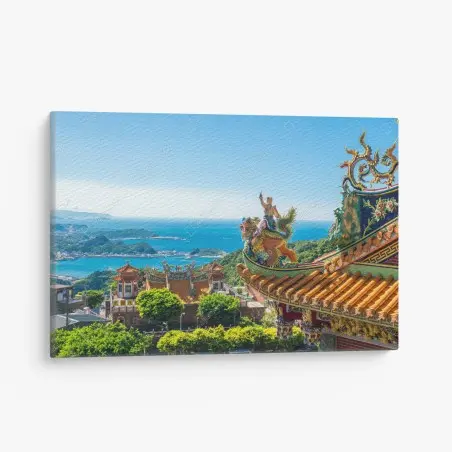 Cuadro en lienzo templo con vistas al mar en Jiufen, Taipei, Taiwan – Pixers®