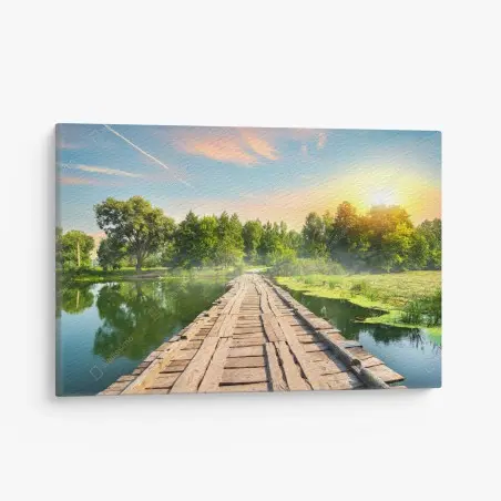 Cuadro en lienzo puente rústico sobre lago al atardecer – Pixers®