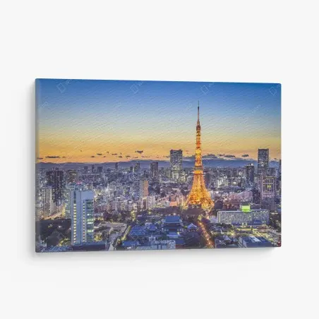Cuadro en lienzo atardecer en Tokio con la torre iluminada – Pixers®