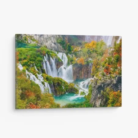Cuadro en lienzo cascada otoñal sobre aguas turquesa – Pixers®