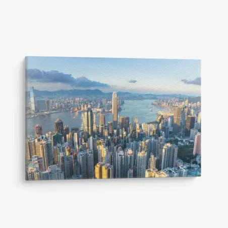 Cuadro en lienzo atardecer sobre Hong Kong: horizonte urbano dorado – Pixers®