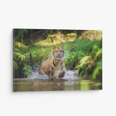 Cuadro en lienzo tigre en movimiento entre agua y bosque – Pixers®