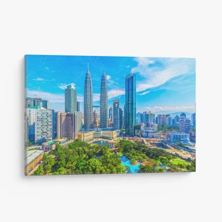 Cuadro en lienzo panorámica urbana de Kuala Lumpur y Torres Petronas – Pixers®