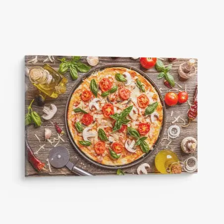 Cuadro en lienzo pizza italiana rústica con albahaca y tomates cherry – Pixers®