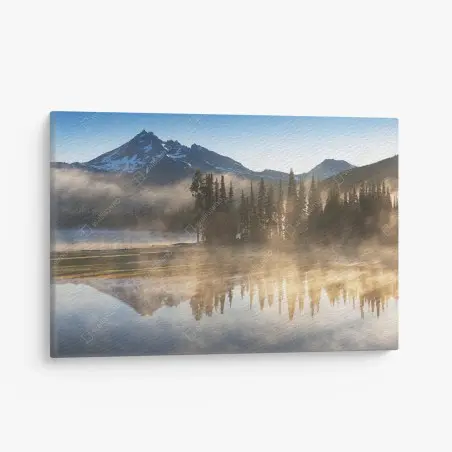 Cuadro en lienzo amanecer sobre lago montañoso con niebla – Pixers®