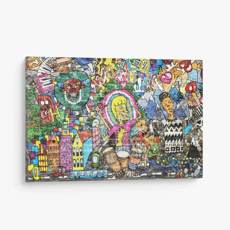 Cuadro en lienzo mural urbano vibrante de fantasía y música
