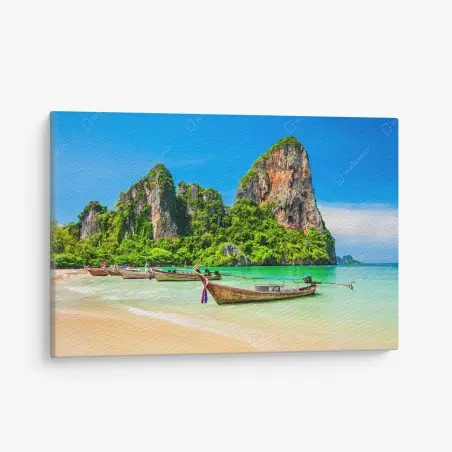 Cuadro en lienzo playa paradisíaca con barcas en Tailandia – Pixers®