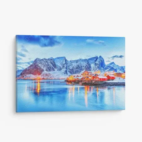 Cuadro en lienzo pueblo costero ártico bajo montañas nevadas – Pixers®