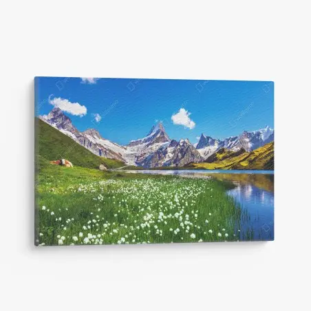 Cuadro en lienzo paisaje alpino con pradera y lago cristalino – Pixers®