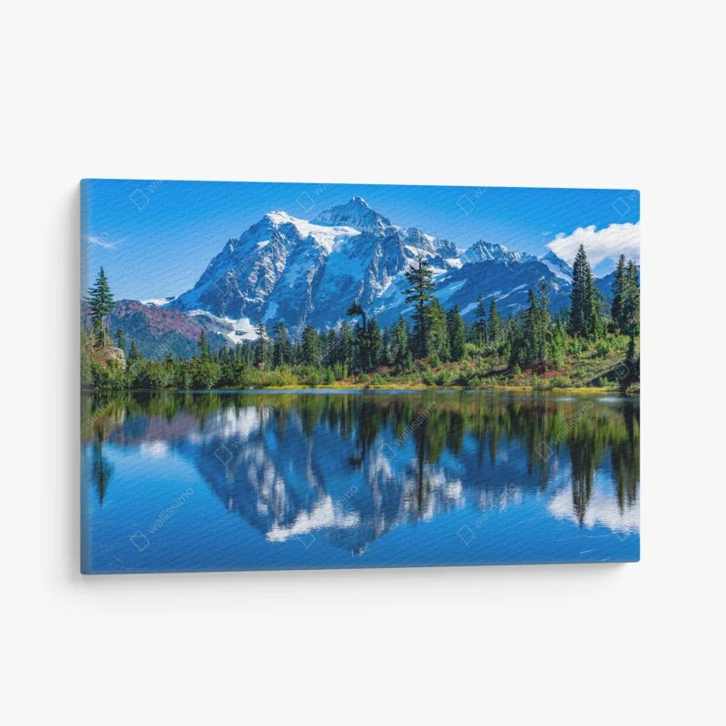 Cuadro en lienzo reflejo de montaña nevada en lago sereno