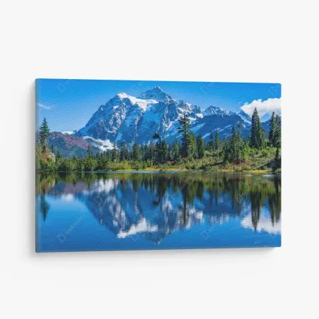 Cuadro en lienzo reflejo de montaña nevada en lago sereno – Pixers®