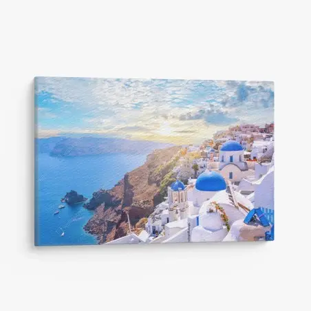 Cuadro en lienzo panorámica de Oia, Santorini al atardecer – Pixers®