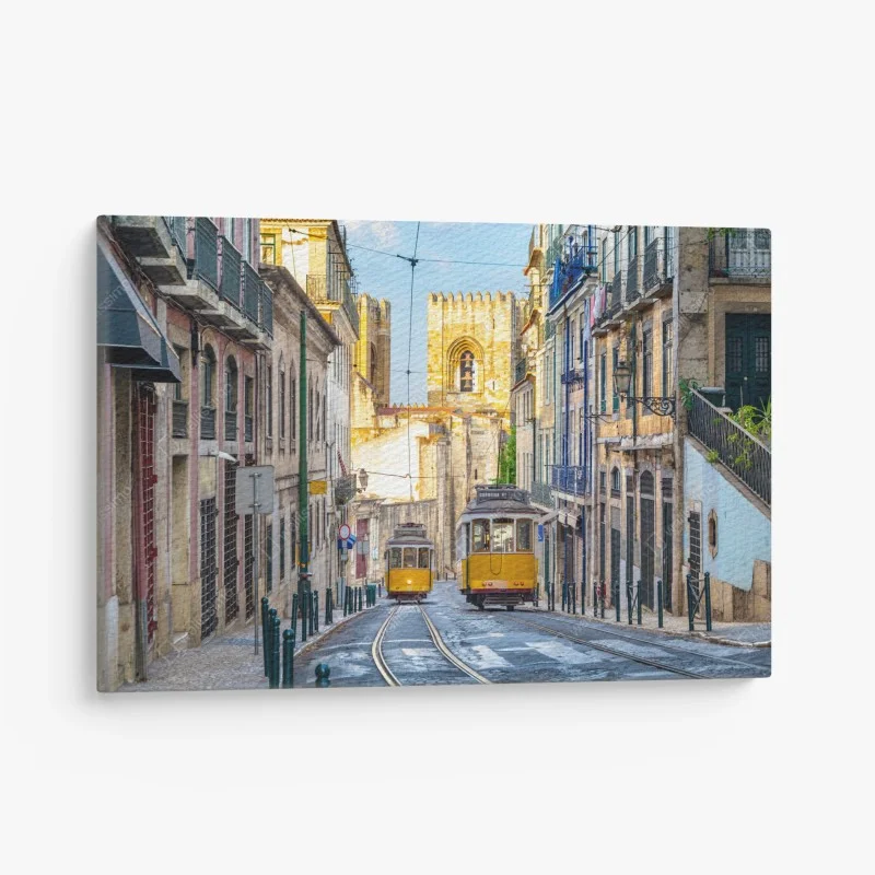 Cuadro en lienzo tranvía amarillo de la línea 28 en Lisboa