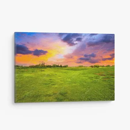 Cuadro en lienzo paisaje de pradera al atardecer con cielo colorido – Pixers®