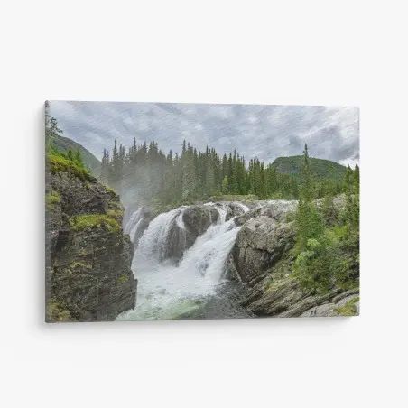 Cuadro en lienzo cascada en bosque rocoso bajo cielo nublado – Pixers®