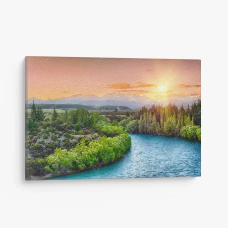 Cuadro en lienzo atardecer sobre el río Clutha y los Alpes del Sur, Nueva Zelanda – Pixers®
