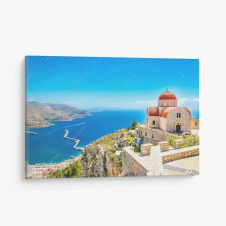 Cuadro en lienzo iglesia de cúpulas rojas sobre acantilado del Mediterráneo – Pixers®