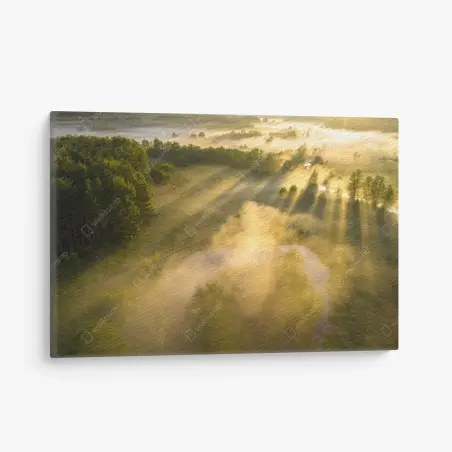 Cuadro en lienzo amanecer dorado sobre río y pradera en niebla – Pixers®