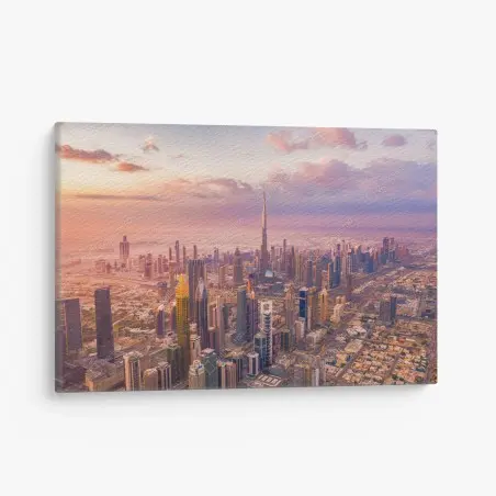 Cuadro en lienzo amanecer sobre Dubai: panorámica con Burj Khalifa – Pixers®