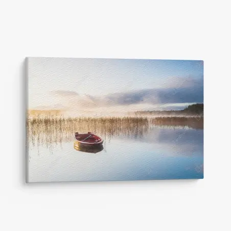 Cuadro en lienzo amanecer sereno en el lago con bote rojo – Pixers®