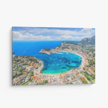 Cuadro en lienzo panorámica de la bahía de Port de Sóller, Mallorca – Pixers®