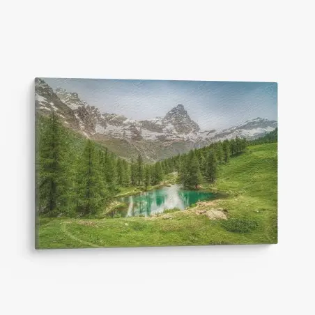 Cuadro en lienzo sereno lago azul en Cervinia, paisaje alpino – Pixers®