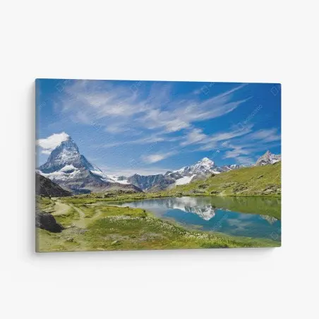 Cuadro en lienzo paisaje alpino con lago sereno y cima nevada – Pixers®
