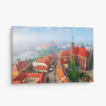 Cuadro en lienzo paisaje urbano histórico con tejados rojos y catedral gótica – Pixers®