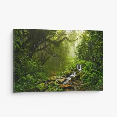 Cuadro en lienzo bosque esmeralda con cascada y sendero místico – Pixers®
