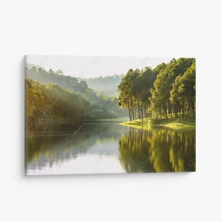 Cuadro en lienzo bosque de pinos junto al embalse al amanecer – Pixers®