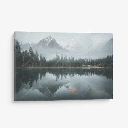 Cuadro en lienzo reflejos nevados en lago brumoso – Pixers®