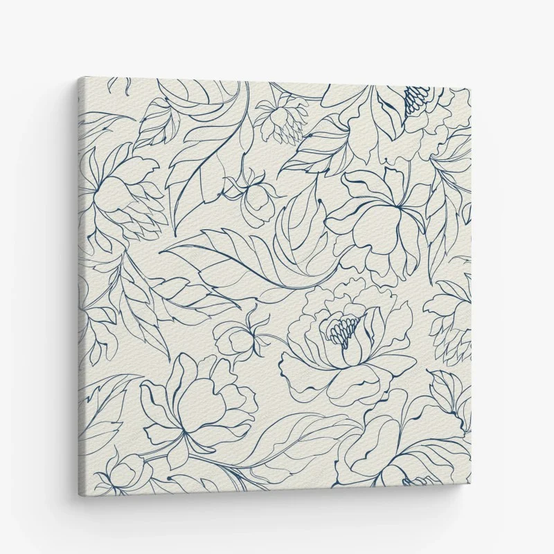 Cuadro en lienzo motivo floral en líneas azul marino sobre fondo crema