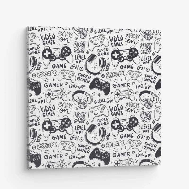 Cuadro en lienzo patrón de videojuegos en estilo doodle blanco y negro