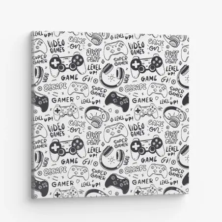 Cuadro en lienzo patrón de videojuegos en estilo doodle blanco y negro – Pixers®