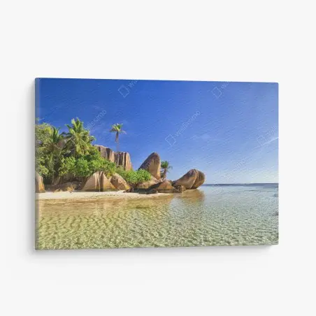 Cuadro en lienzo paisaje tropical con rocas graníticas y agua cristalina – Pixers®