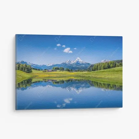 Cuadro en lienzo paisaje alpino con lago y reflejo – Pixers®