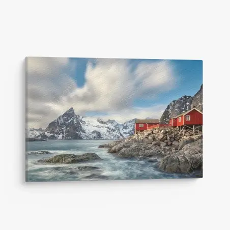 Cuadro en lienzo refugio rojo en la costa de montañas nevadas – Pixers®