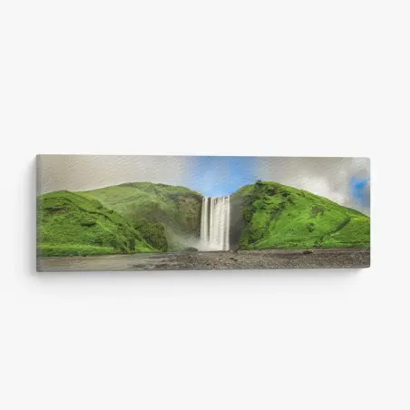 Cuadro en lienzo amanecer en Skógafoss, cascada y acantilados verdes – Pixers®