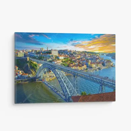 Cuadro en lienzo atardecer vibrante sobre el puente y la ciudad – Pixers®