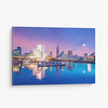 Cuadro en lienzo amanecer sobre Cleveland: horizonte desde la orilla del lago – Pixers®