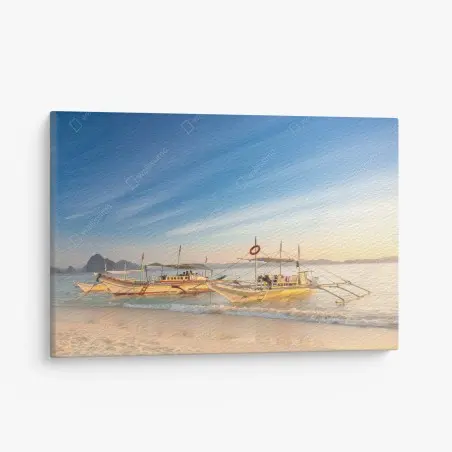 Cuadro en lienzo amanecer sereno en la playa con lanchas tradicionales – Pixers®