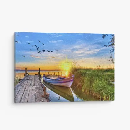 Cuadro en lienzo amanecer en el muelle con barca – Pixers®