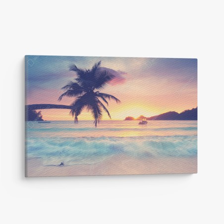 Cuadro en lienzo puesta de sol tropical con palmera y barca – Pixers®